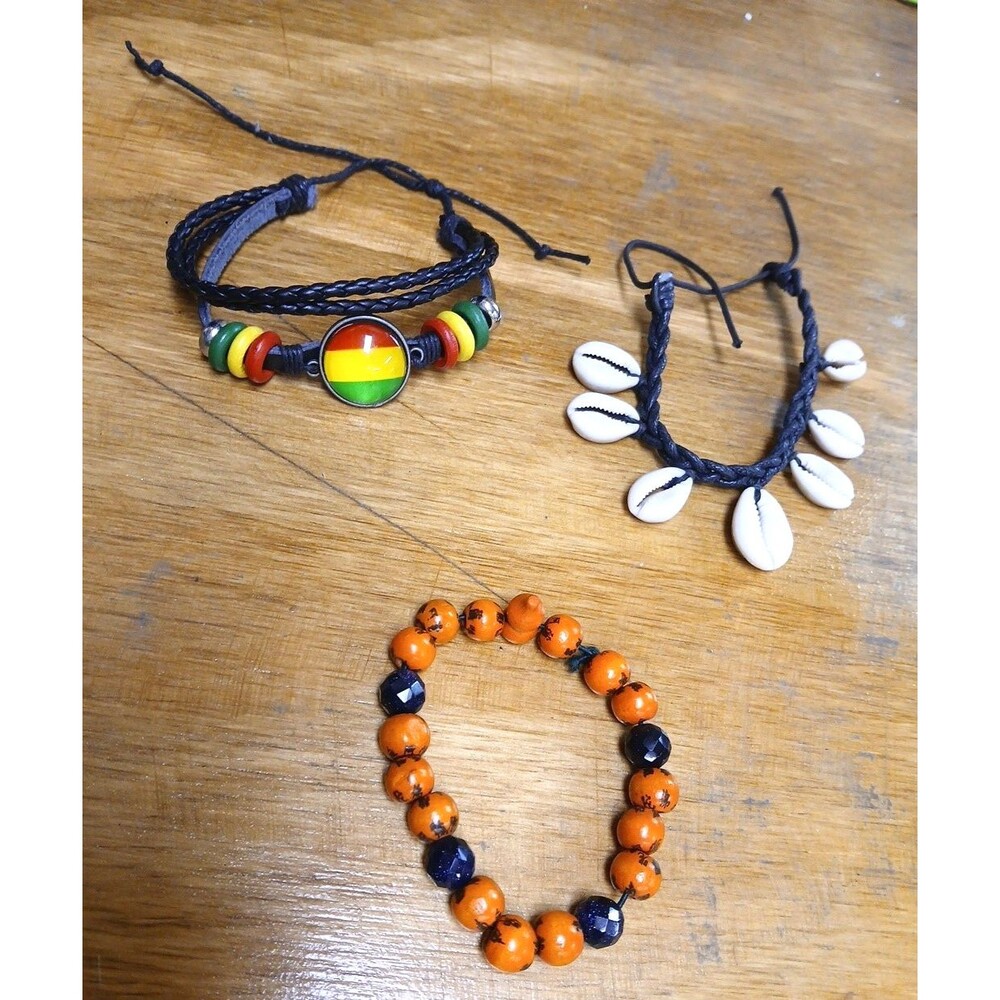 3 Bracelets African Asian Islands Tribal Looks Chords Stretch Boho Beachy Ethnic